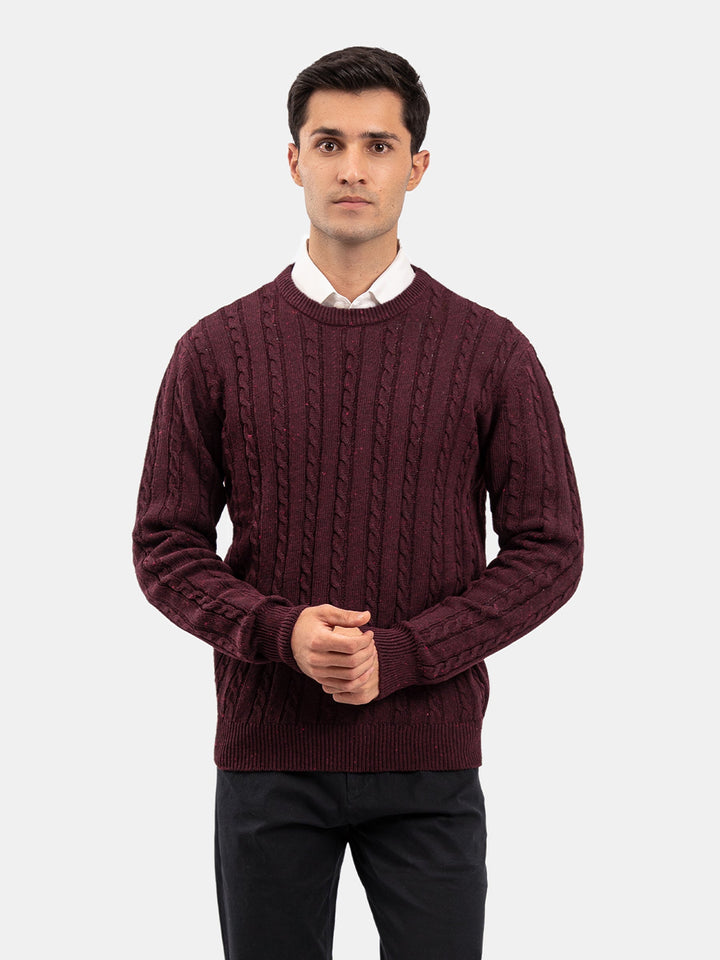 Brumano Mens RTW Solids Cotton 1 Piece Suit Burgundy Cable Crew Neck Winter Collection