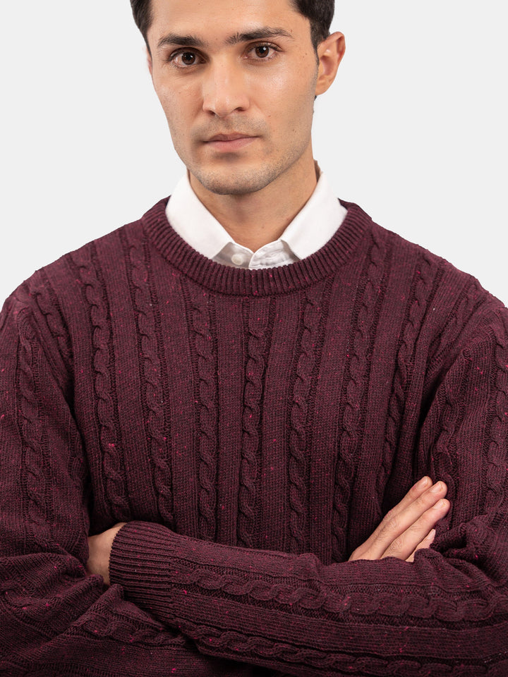 Brumano Mens RTW Solids Cotton 1 Piece Suit Burgundy Cable Crew Neck Winter Collection