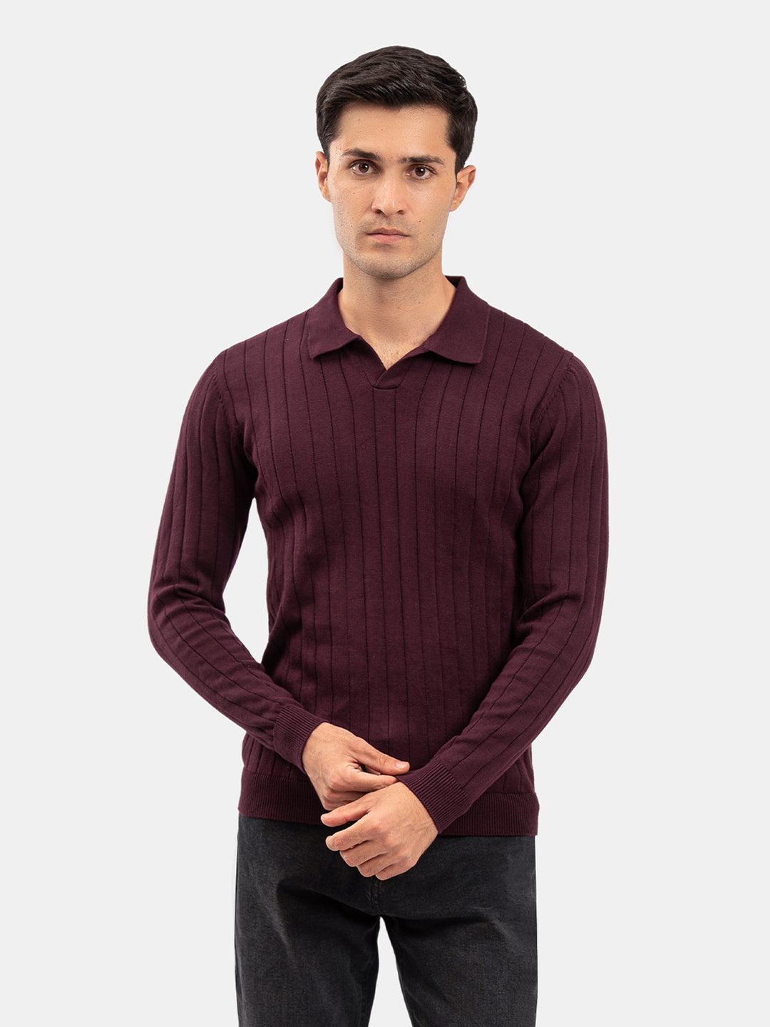 Brumano Mens RTW Solids Cotton Polo Suit Burgundy Needle Full Sleeve Winter Collection