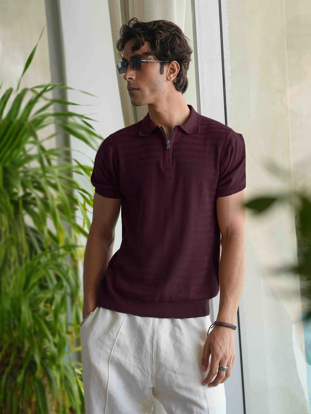 Brumano Mens RTW Solids Cotton Polo T-Shirt Burgundy Textured Zipper Casual Collection