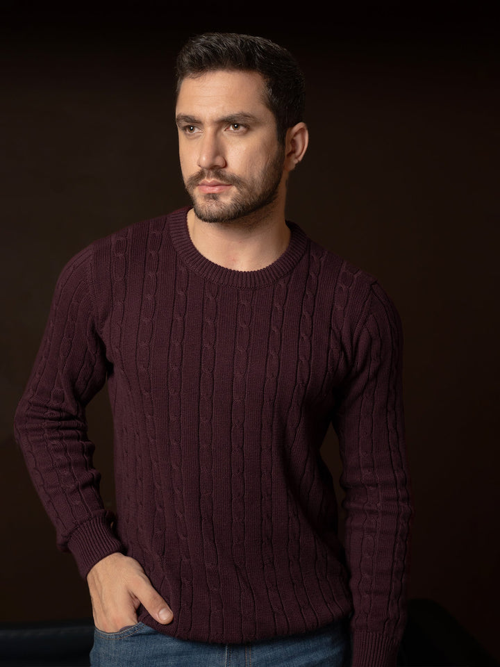 Brumano Mens RTW Solids Cotton 1 Piece Burgundy Cable Knitted Crew Neck Winter Collection