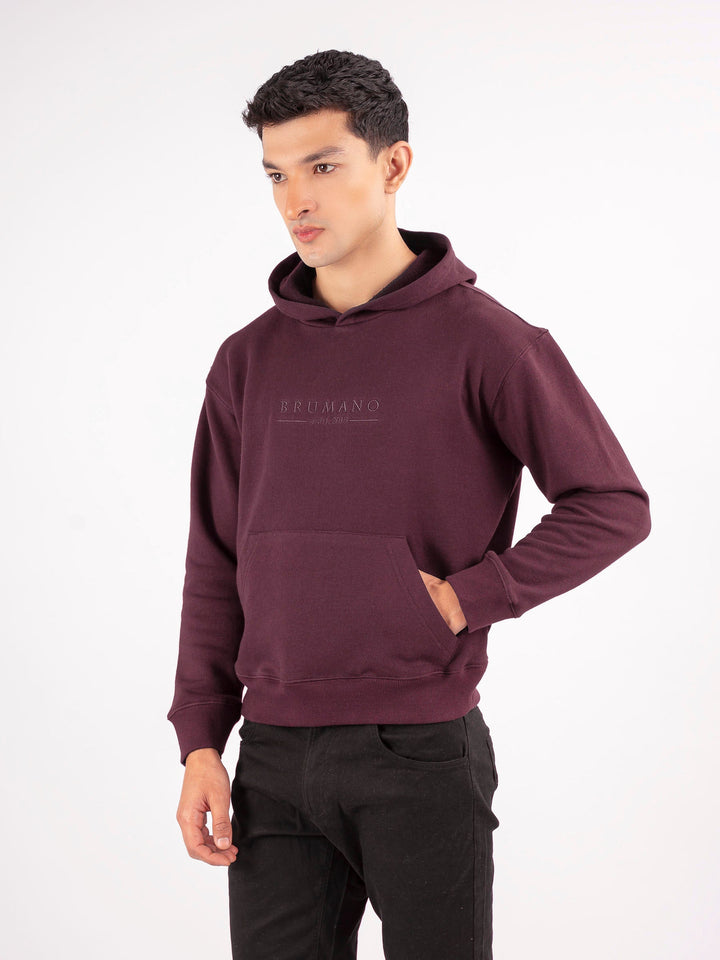 Brumano Embroidered Fleece Burgundy Embroidered Relaxed Fit Hoodie - Winter Collection