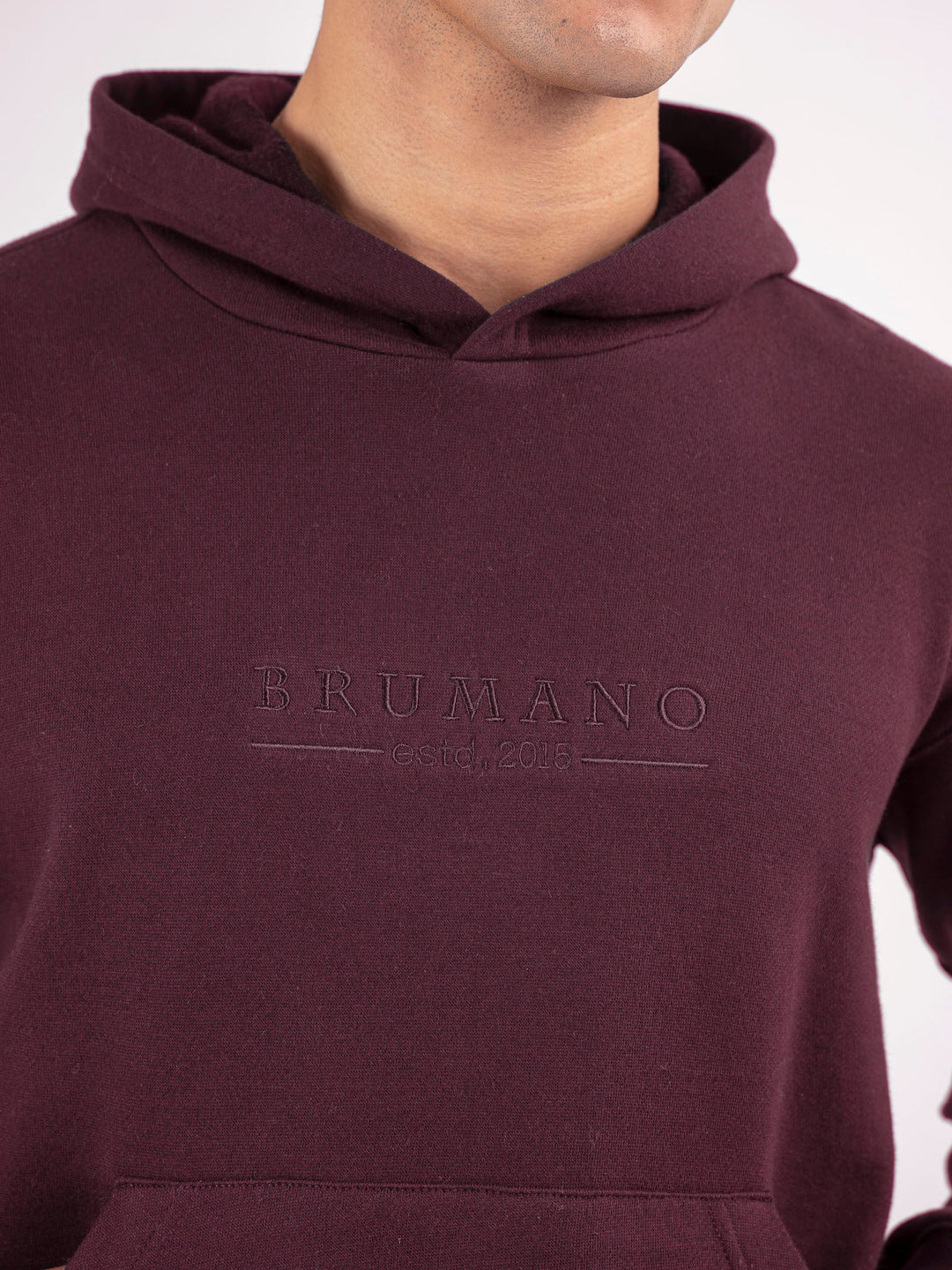 Brumano Embroidered Fleece Burgundy Embroidered Relaxed Fit Hoodie - Winter Collection