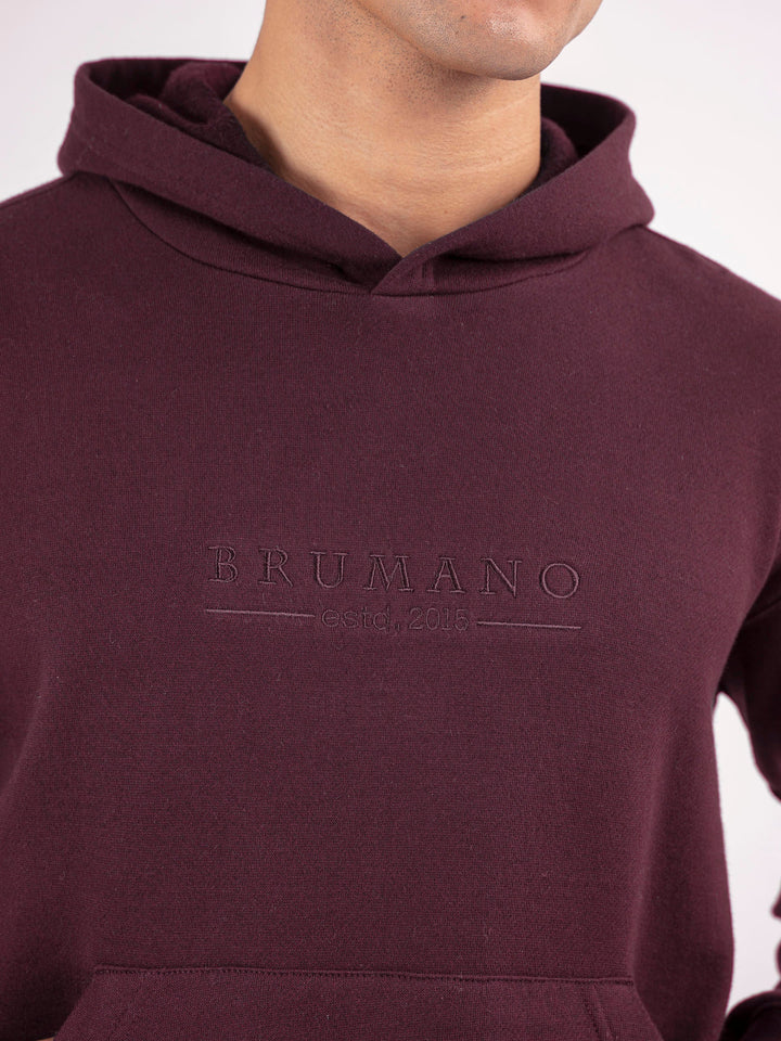 Brumano Embroidered Fleece Burgundy Embroidered Relaxed Fit Hoodie - Winter Collection