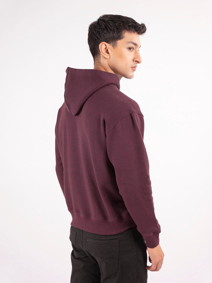 Brumano Embroidered Fleece Burgundy Embroidered Relaxed Fit Hoodie - Winter Collection