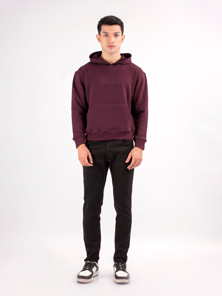 Brumano Embroidered Fleece Burgundy Embroidered Relaxed Fit Hoodie - Winter Collection