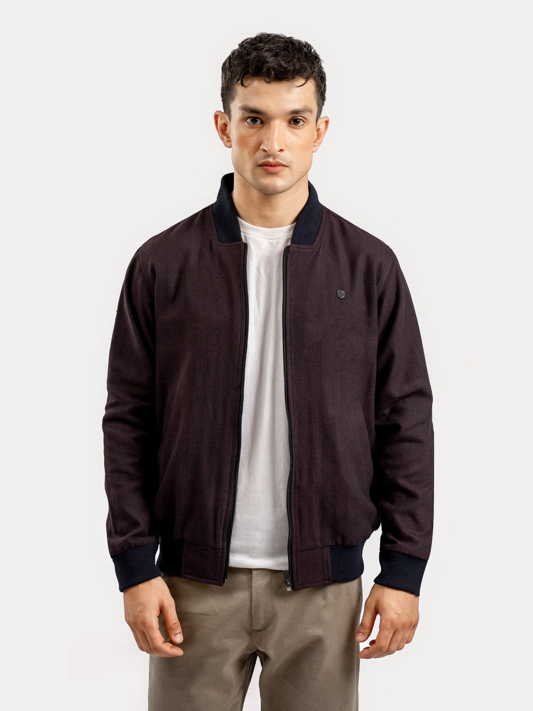 Brumano Mens RTW Solids Cotton Jacket Burgundy Herringbone Bomber Jacket Winter Collection