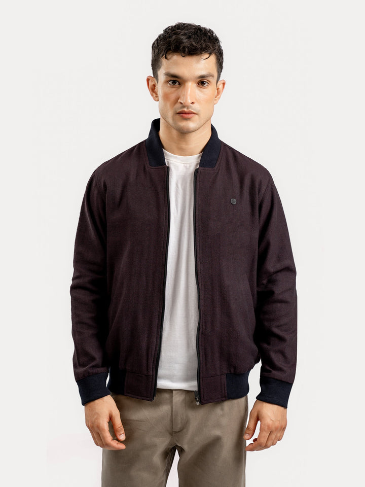 Brumano Pret Solids Polyester 1 Piece Burgundy Herringbone Structured Bomber Jacket