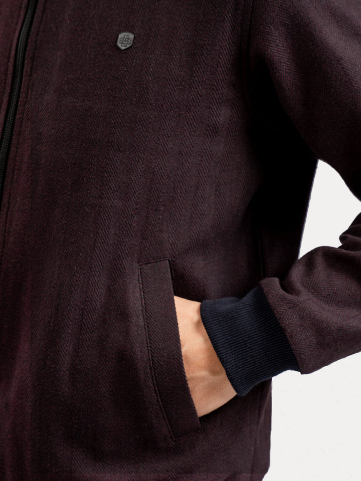 Brumano Pret Solids Polyester 1 Piece Burgundy Herringbone Structured Bomber Jacket