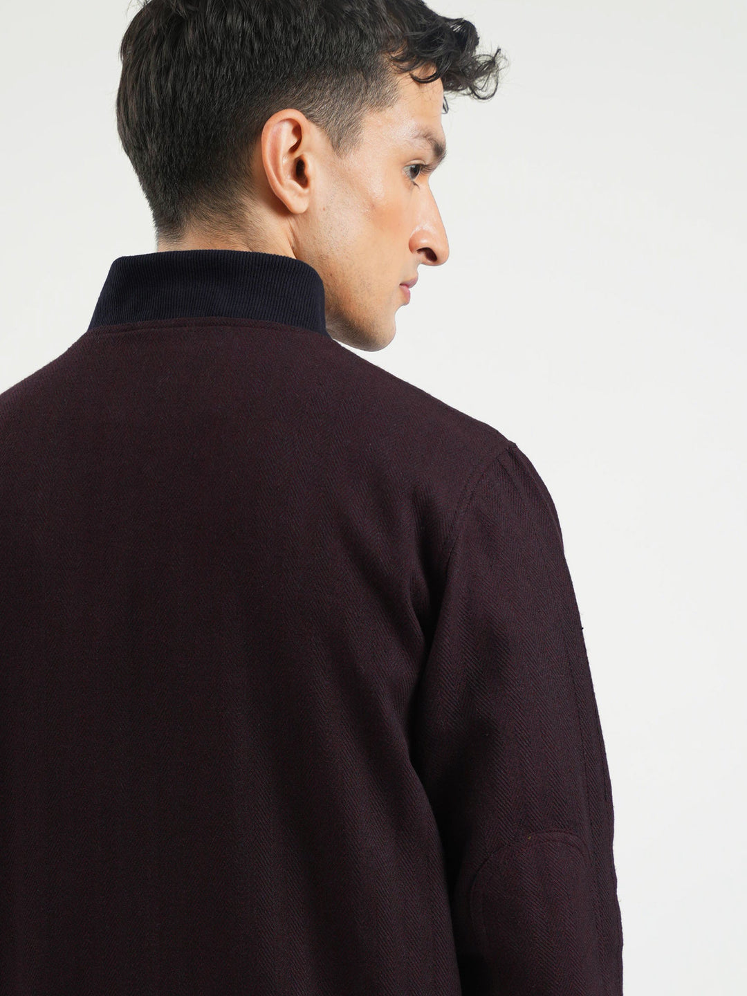 Brumano Mens RTW Solids Cotton Jacket Burgundy Herringbone Bomber Jacket Winter Collection