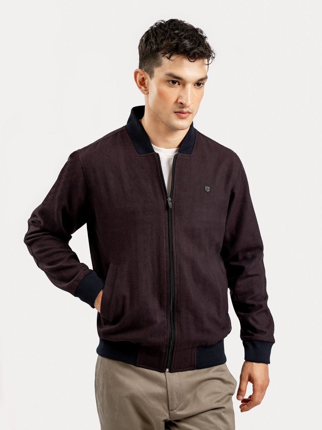 Brumano Pret Solids Polyester 1 Piece Burgundy Herringbone Structured Bomber Jacket