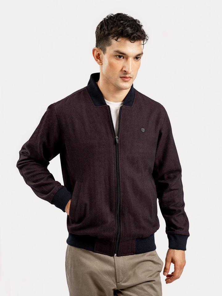 Brumano Pret Solids Polyester 1 Piece Burgundy Herringbone Structured Bomber Jacket