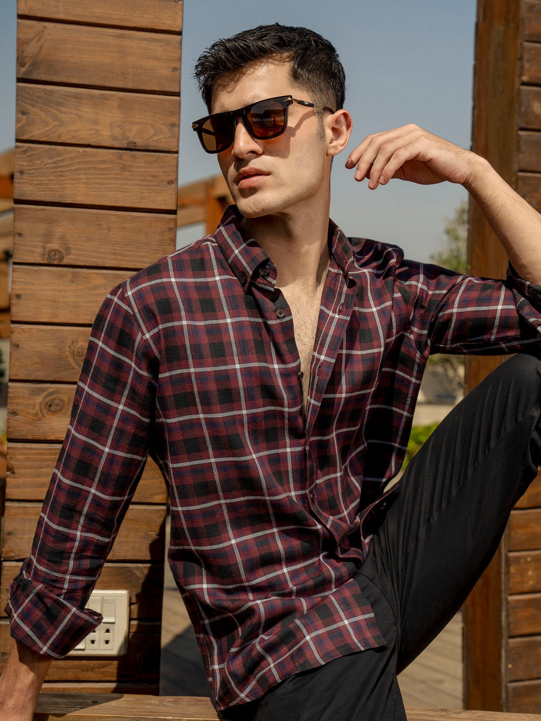 Brumano Ready To Wear Shirts Men 1 Piece Cotton Burgundy Light Weight Checkered Shirt 0-31-025-3964 - Summer Collection