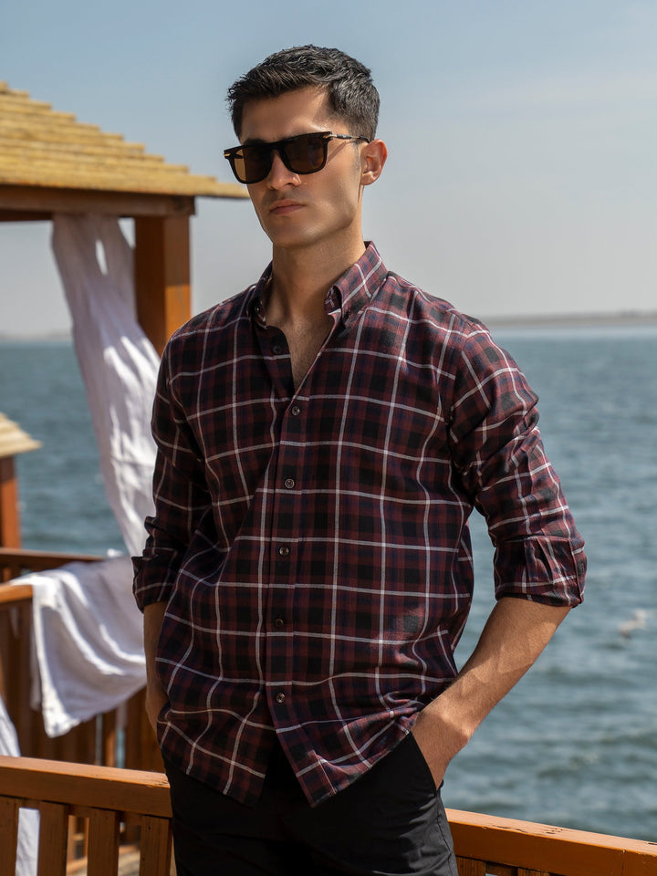 Brumano Ready To Wear Shirts Men 1 Piece Cotton Burgundy Light Weight Checkered Shirt 0-31-025-3964 - Summer Collection
