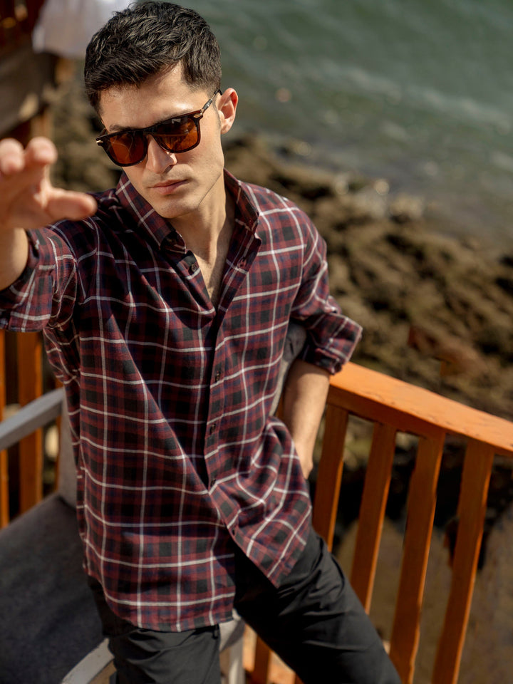 Brumano Ready To Wear Shirts Men 1 Piece Cotton Burgundy Light Weight Checkered Shirt 0-31-025-3964 - Summer Collection