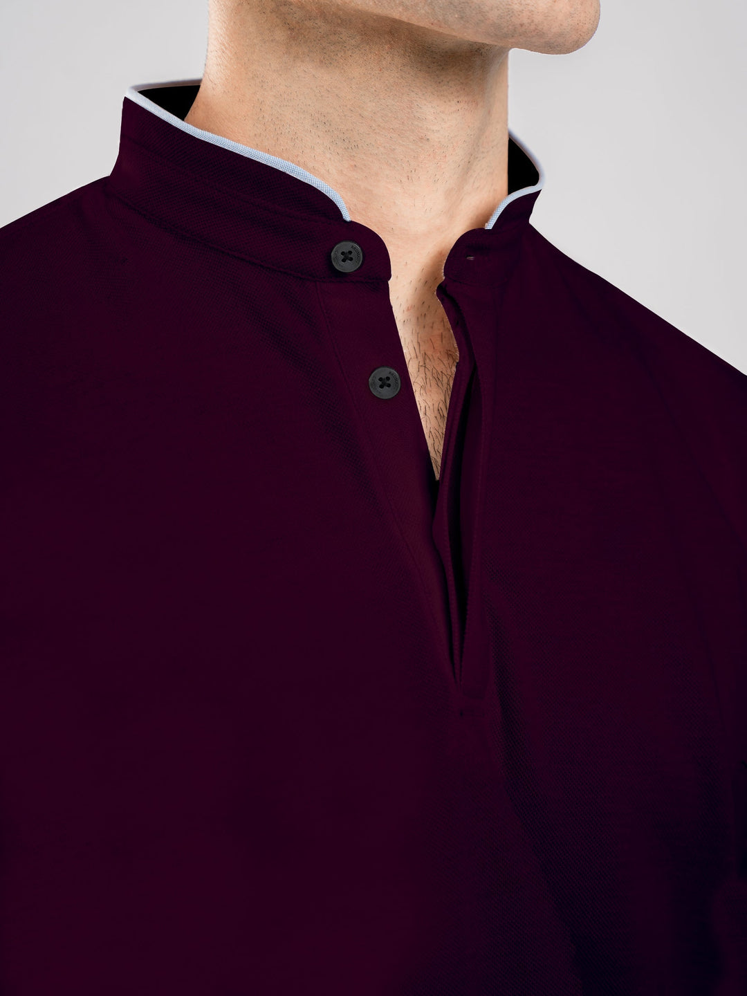 Brumano  Solids Cotton Polo Burgundy Mao Collar Pique Polo