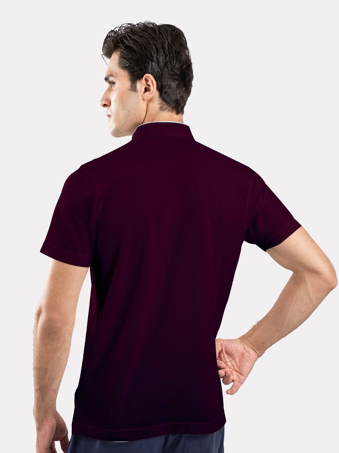 Brumano  Solids Cotton Polo Burgundy Mao Collar Pique Polo