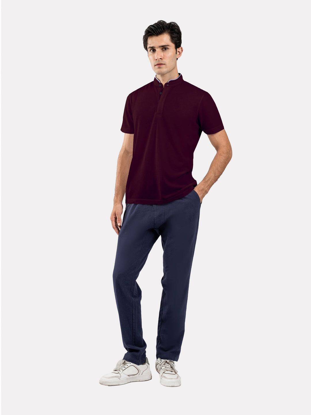 Brumano  Solids Cotton Polo Burgundy Mao Collar Pique Polo
