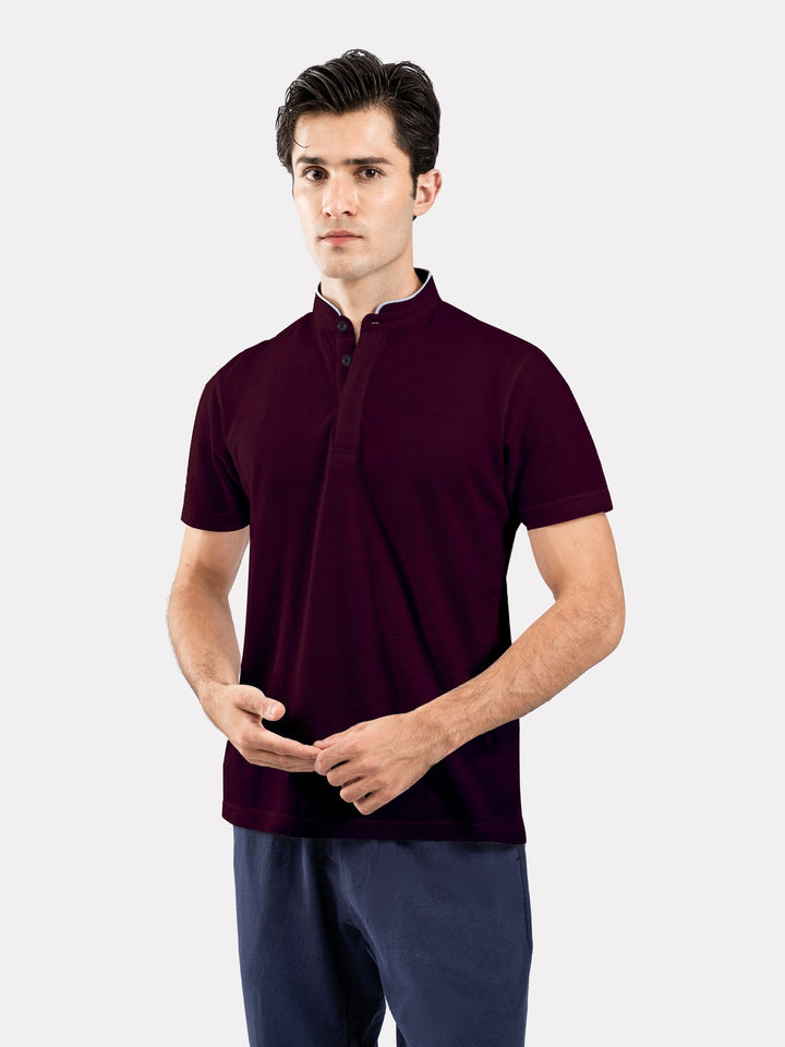 Brumano  Solids Cotton Polo Burgundy Mao Collar Pique Polo