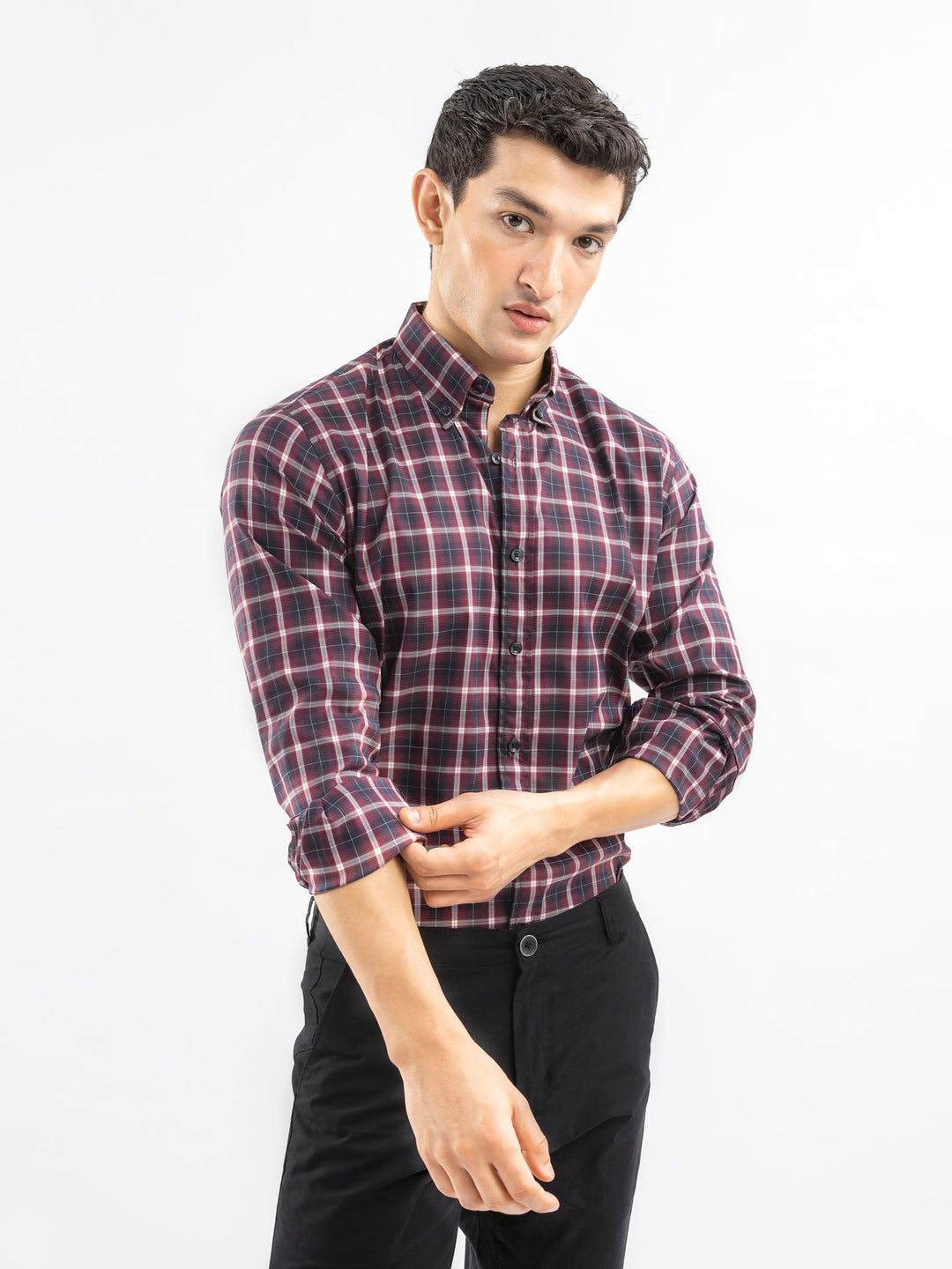 Brumano Ready To Wear Shirts Men 1 Piece Cotton Burgundy Structured Checkered Shirt 0-31-025-4502 - Summer Collection