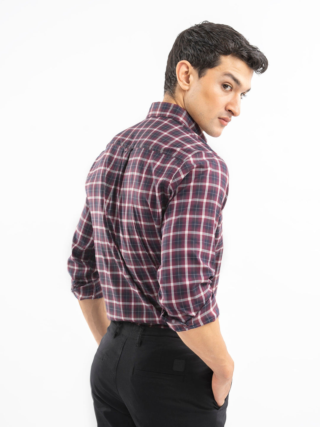 Brumano Ready To Wear Shirts Men 1 Piece Cotton Burgundy Structured Checkered Shirt 0-31-025-4502 - Summer Collection
