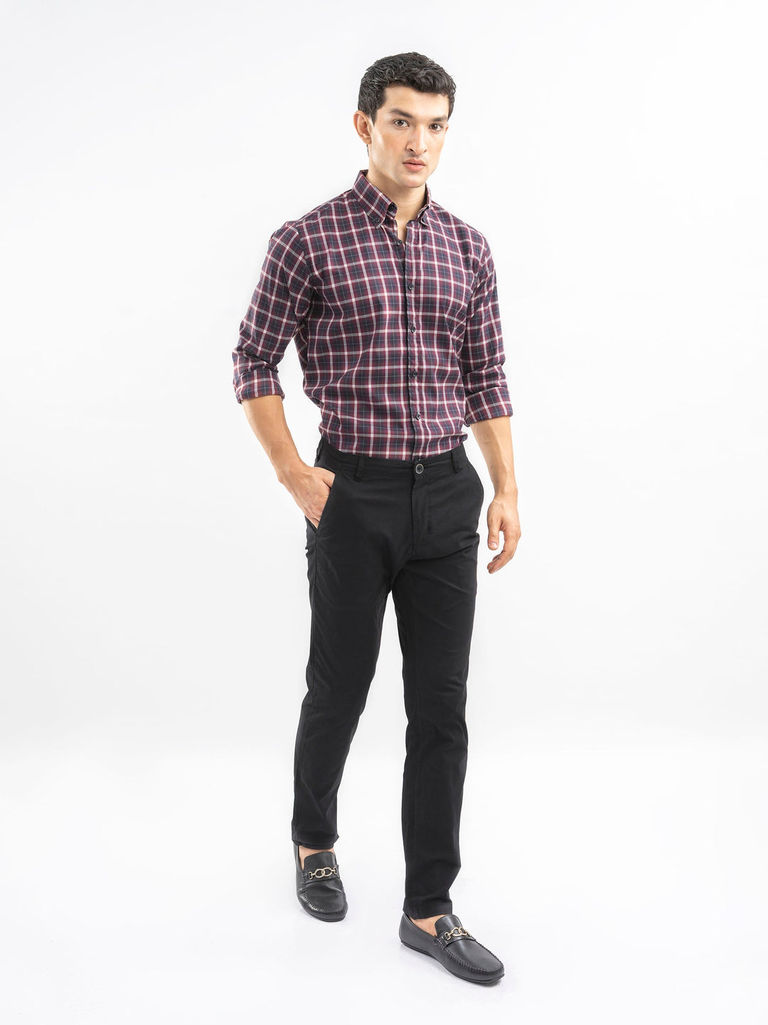 Brumano Ready To Wear Shirts Men 1 Piece Cotton Burgundy Structured Checkered Shirt 0-31-025-4502 - Summer Collection