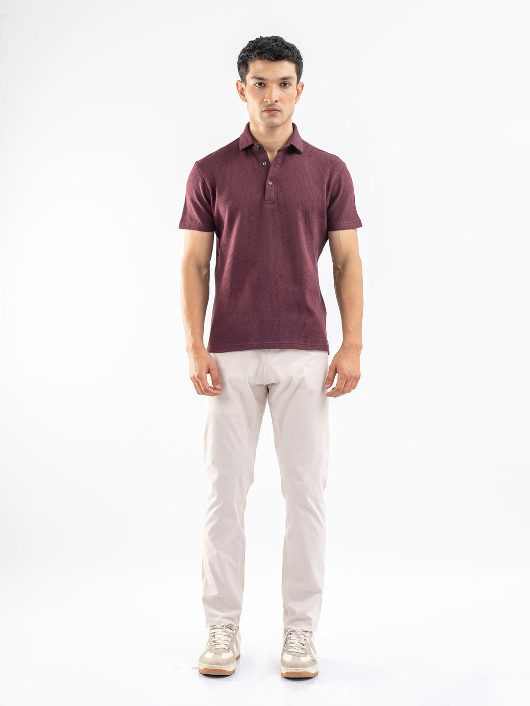 Brumano  Solids Cotton Polo Burgundy Structured Polo With Cutaway Collar