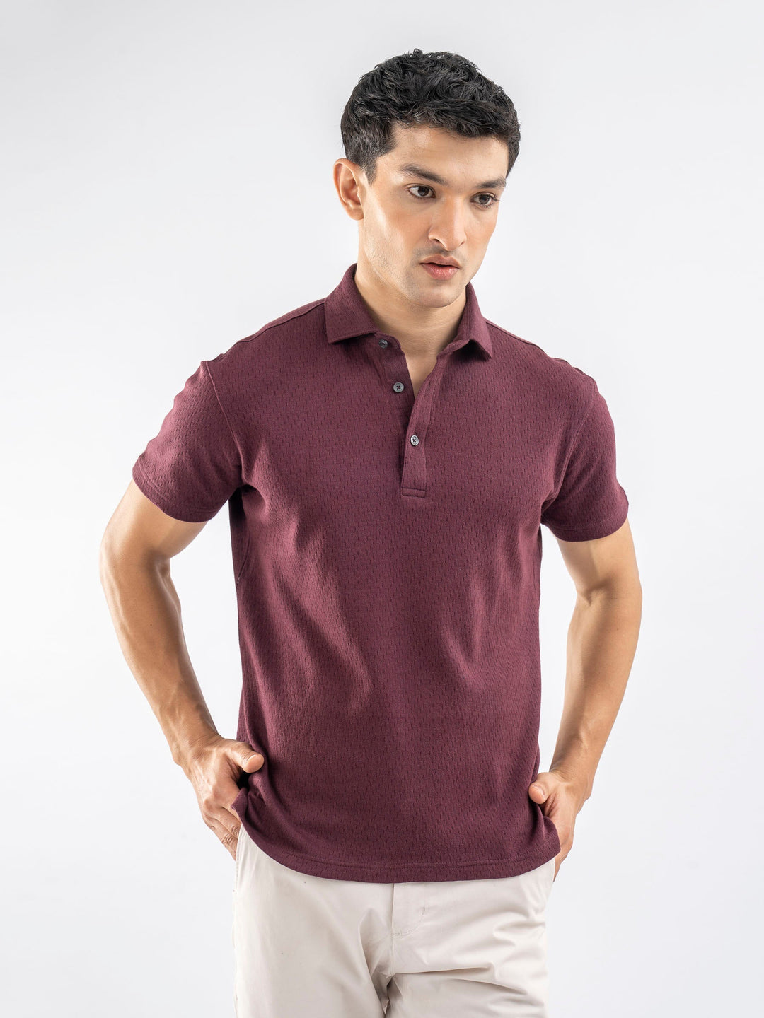 Brumano Mens RTW Solids Cotton Polo T-Shirt Burgundy Structured Cutaway Collar Casual Collection