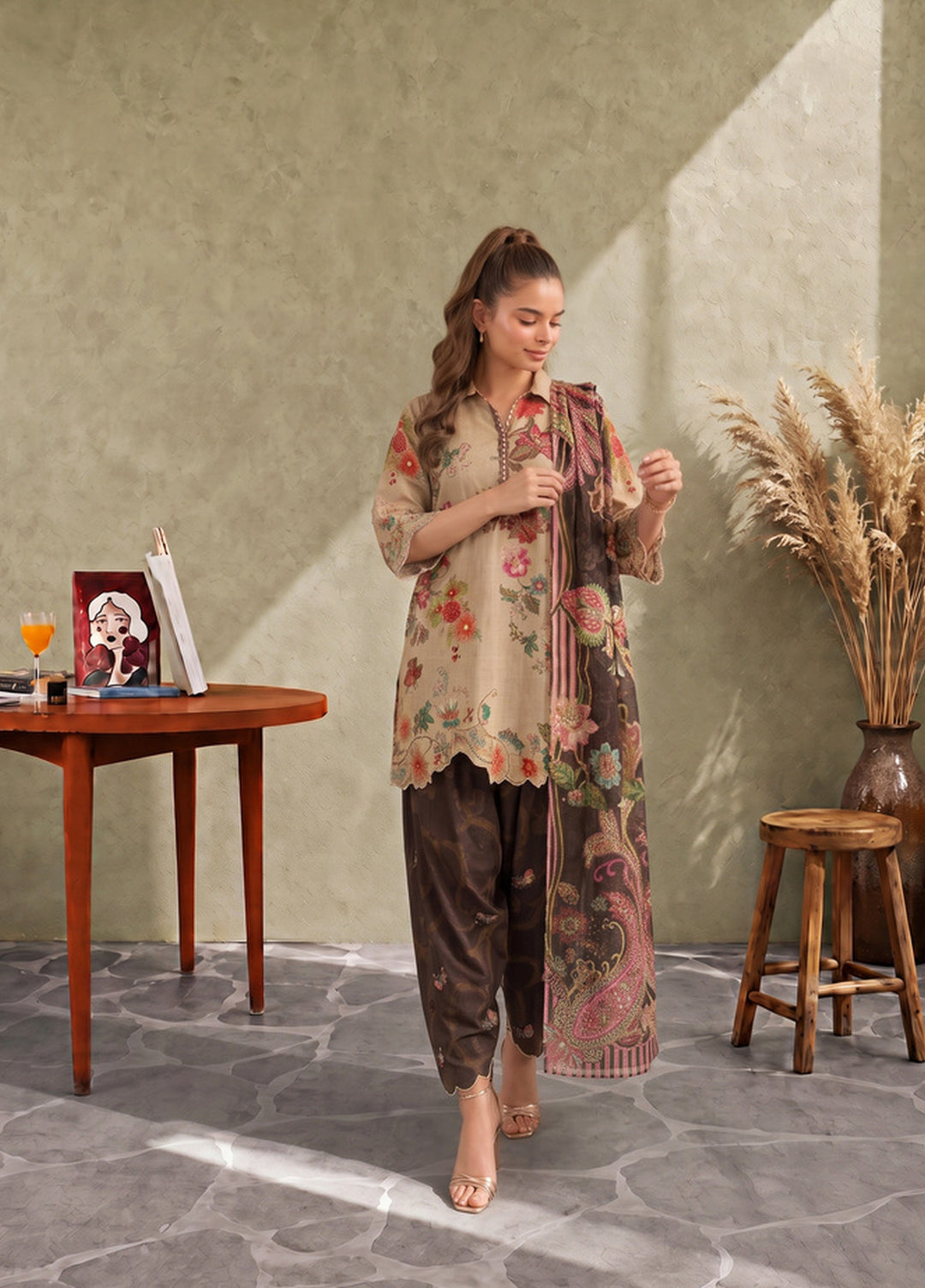 Asifa and Nabeel Unstitched Printed Cambric 3 Piece Suit Mocca CU26-04 - Casual Collection