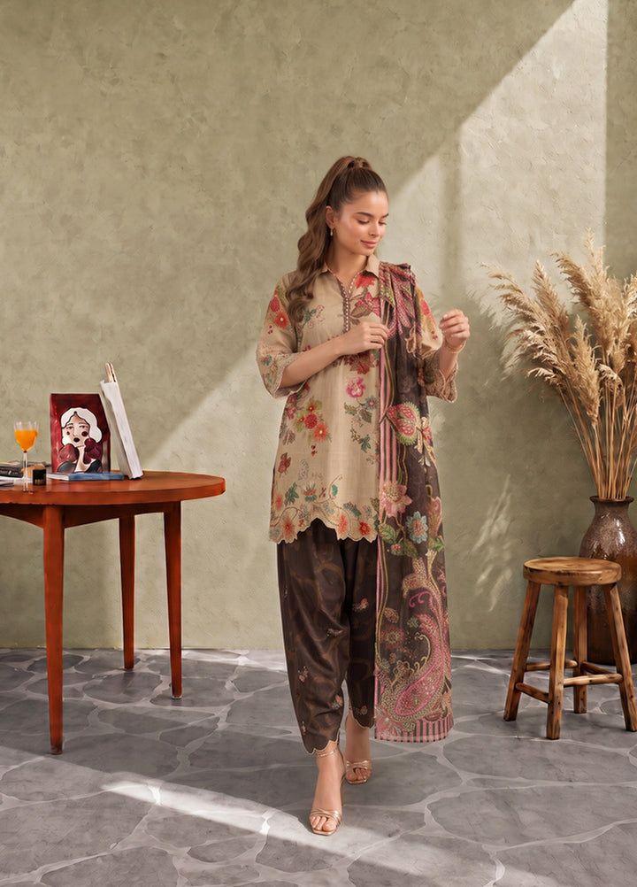 Asifa and Nabeel Unstitched Printed Cambric 3 Piece Suit Mocca CU26-04 - Casual Collection