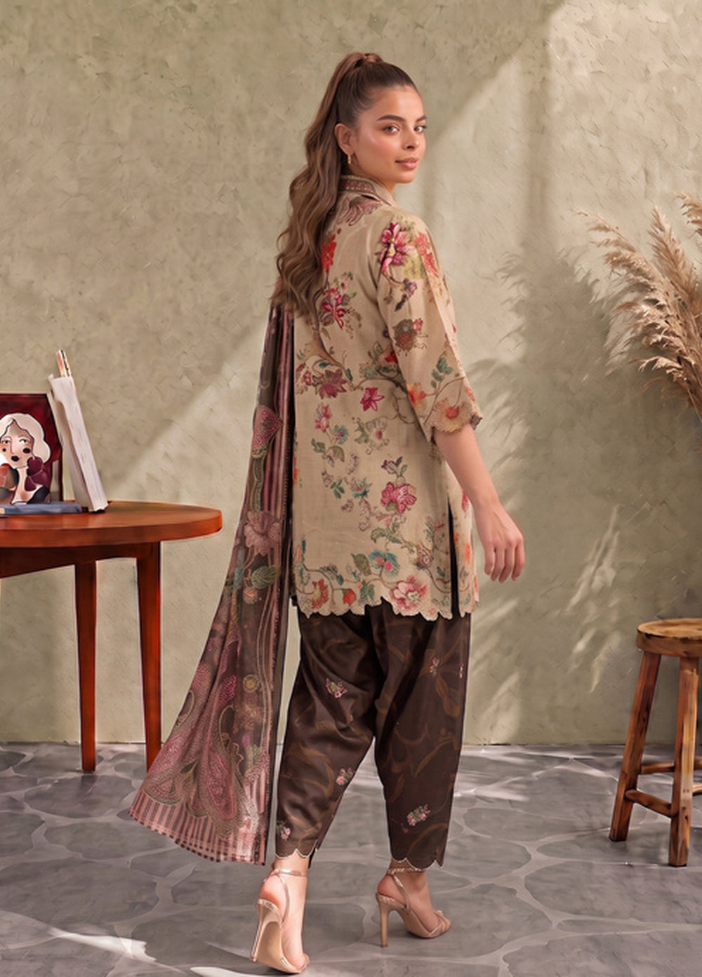 Asifa and Nabeel Unstitched Printed Cambric 3 Piece Suit Mocca CU26-04 - Casual Collection