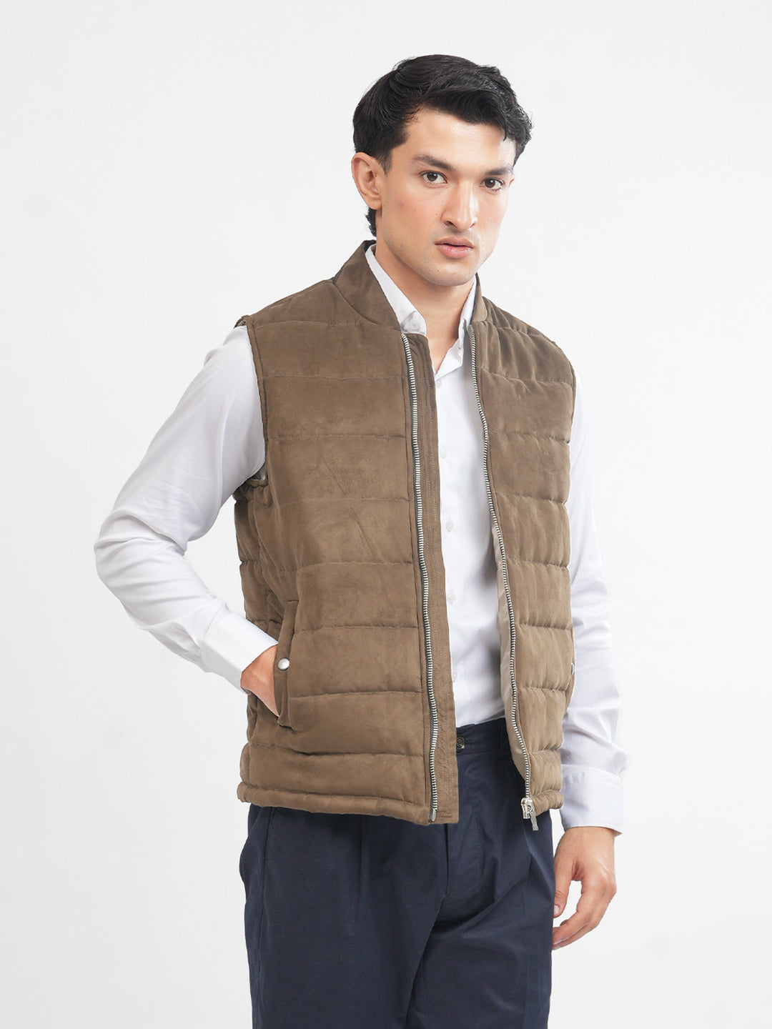 Brumano Mens RTW Solids Poly Jacket Camel Brown Suede Sleeveless Winter Collection