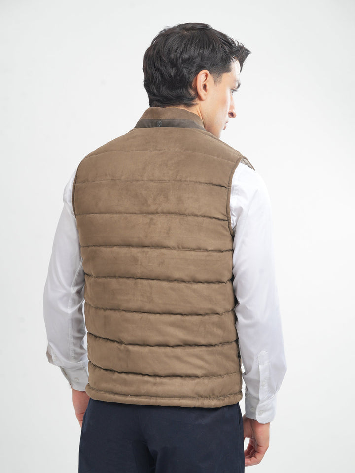 Brumano Mens RTW Solids Poly Jacket Camel Brown Suede Sleeveless Winter Collection