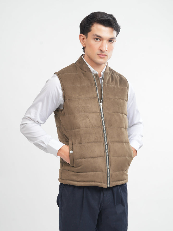 Brumano Mens RTW Solids Poly Jacket Camel Brown Suede Sleeveless Winter Collection