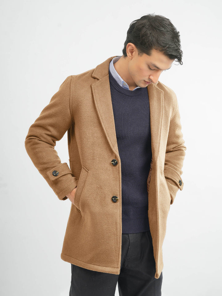 Brumano Mens RTW Solids Wool 1 Piece Camel Brown Blenled Over Coat Winter Collection