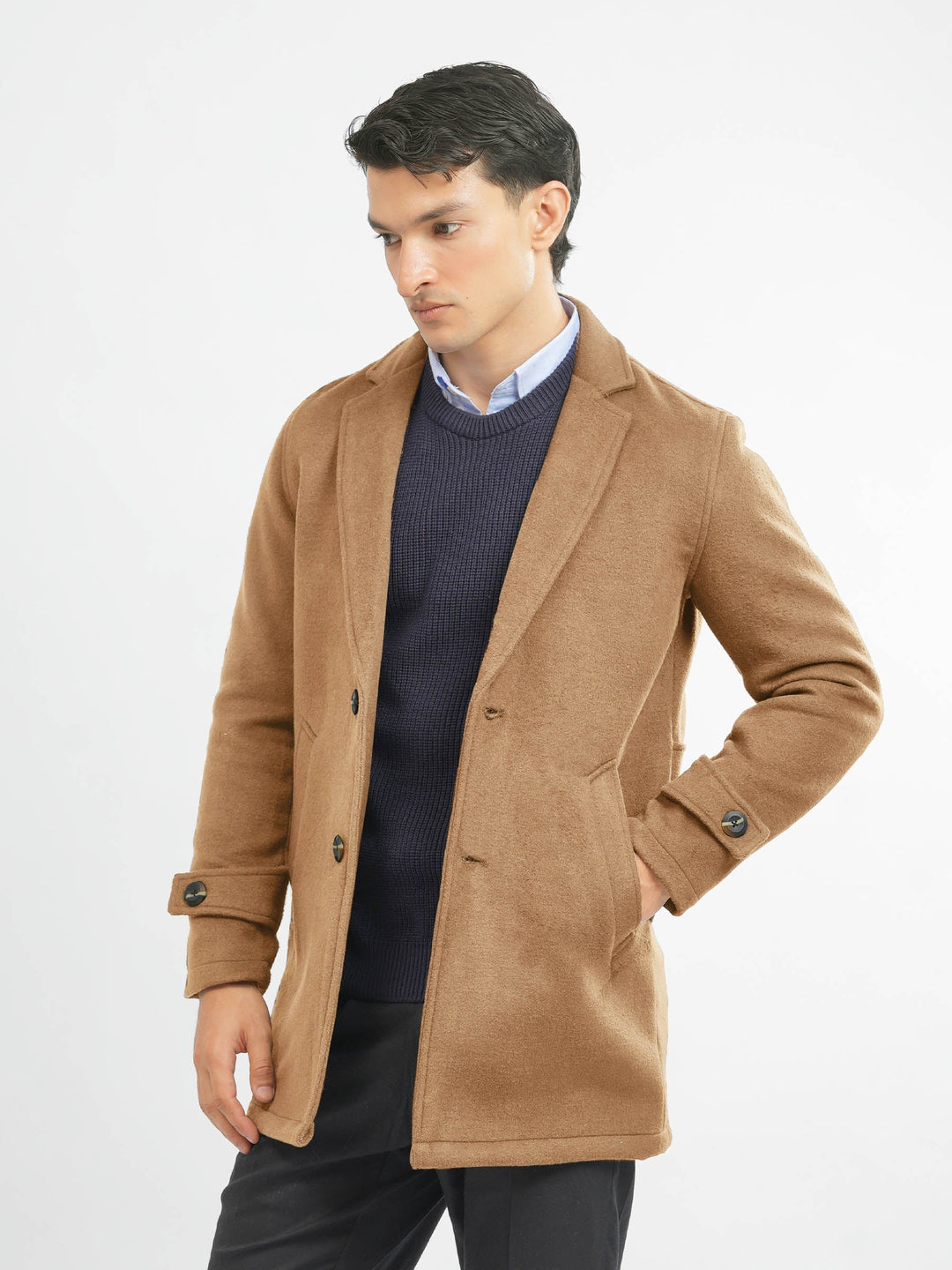 Brumano Mens RTW Solids Wool 1 Piece Camel Brown Blenled Over Coat Winter Collection