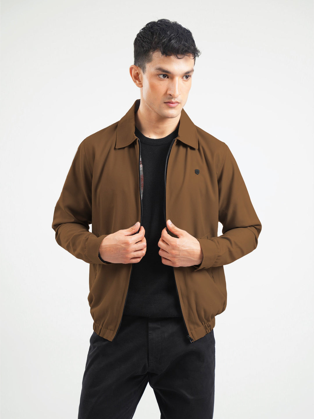 Brumano Ready To Wear Solids Cotton 1 Piece Men Camel Brown Harrington Jacket With Collar 0-11-025-4888 - Winter Collection