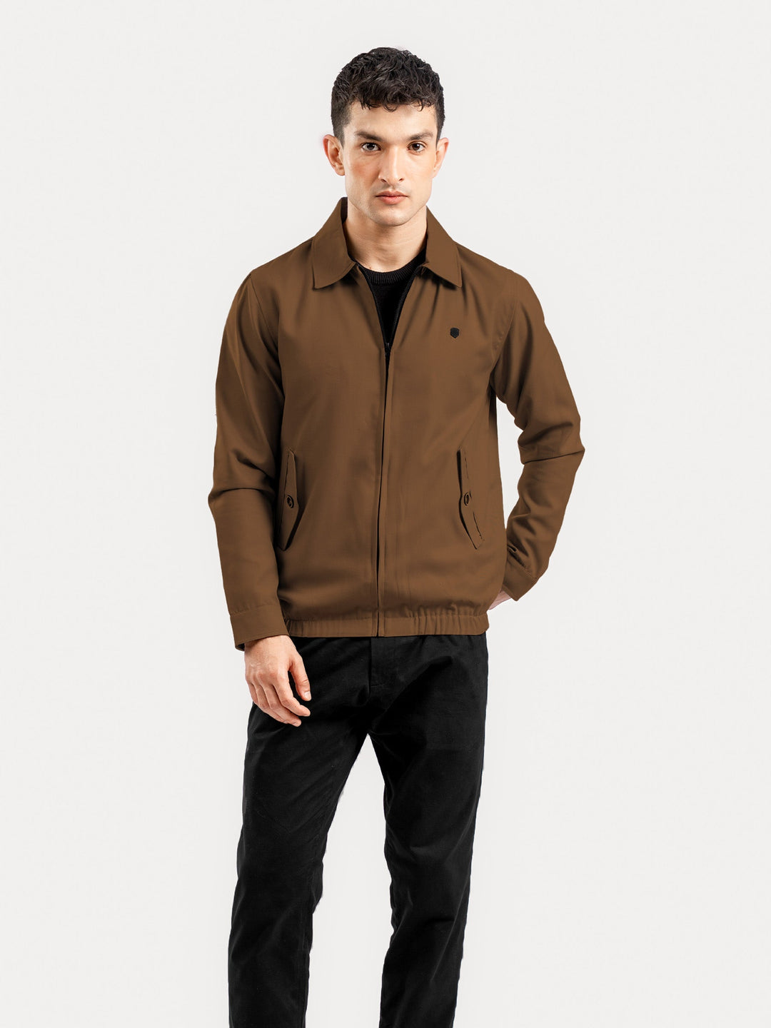 Brumano Mens RTW Solids Cotton Jacket Camel Brown Harrington Jacket Collar Winter Collection