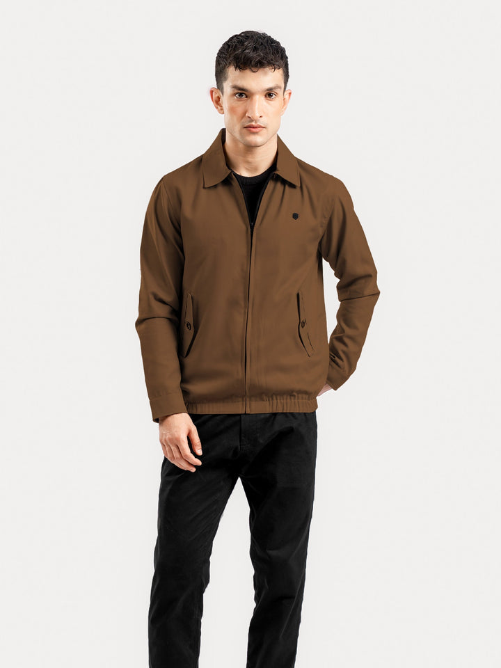 Brumano Mens RTW Solids Cotton Jacket Camel Brown Harrington Jacket Collar Winter Collection