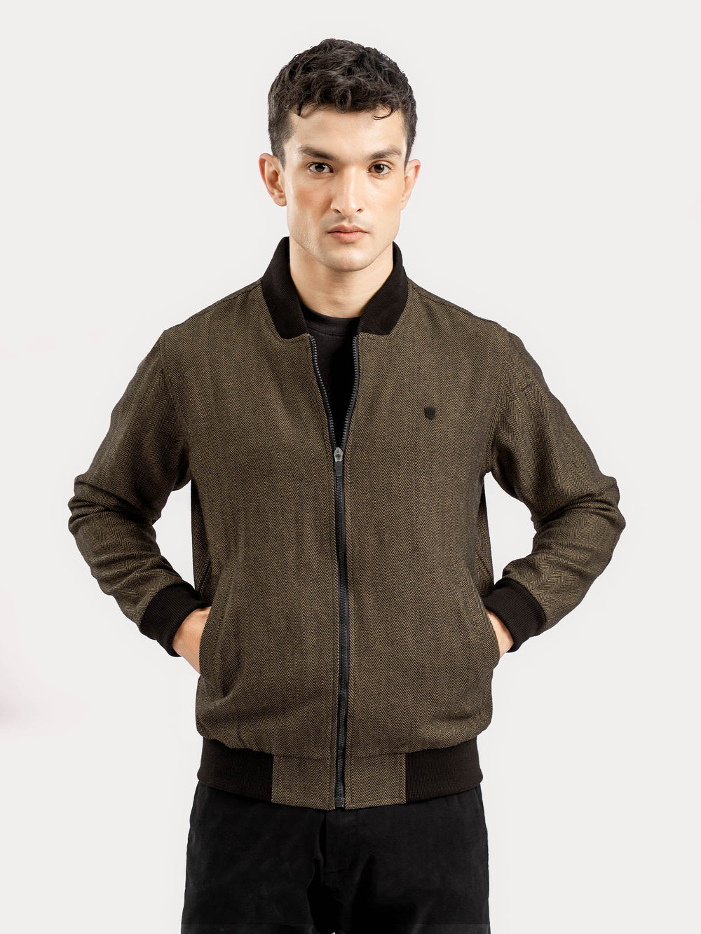 Brumano Mens RTW Solids Poly Jacket Camel Herringbone Bomber Jacket Winter Collection