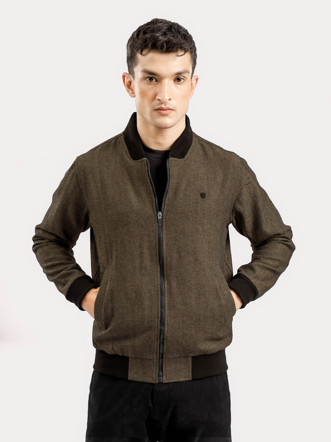 Brumano Mens RTW Solids Poly Jacket Camel Herringbone Bomber Jacket Winter Collection