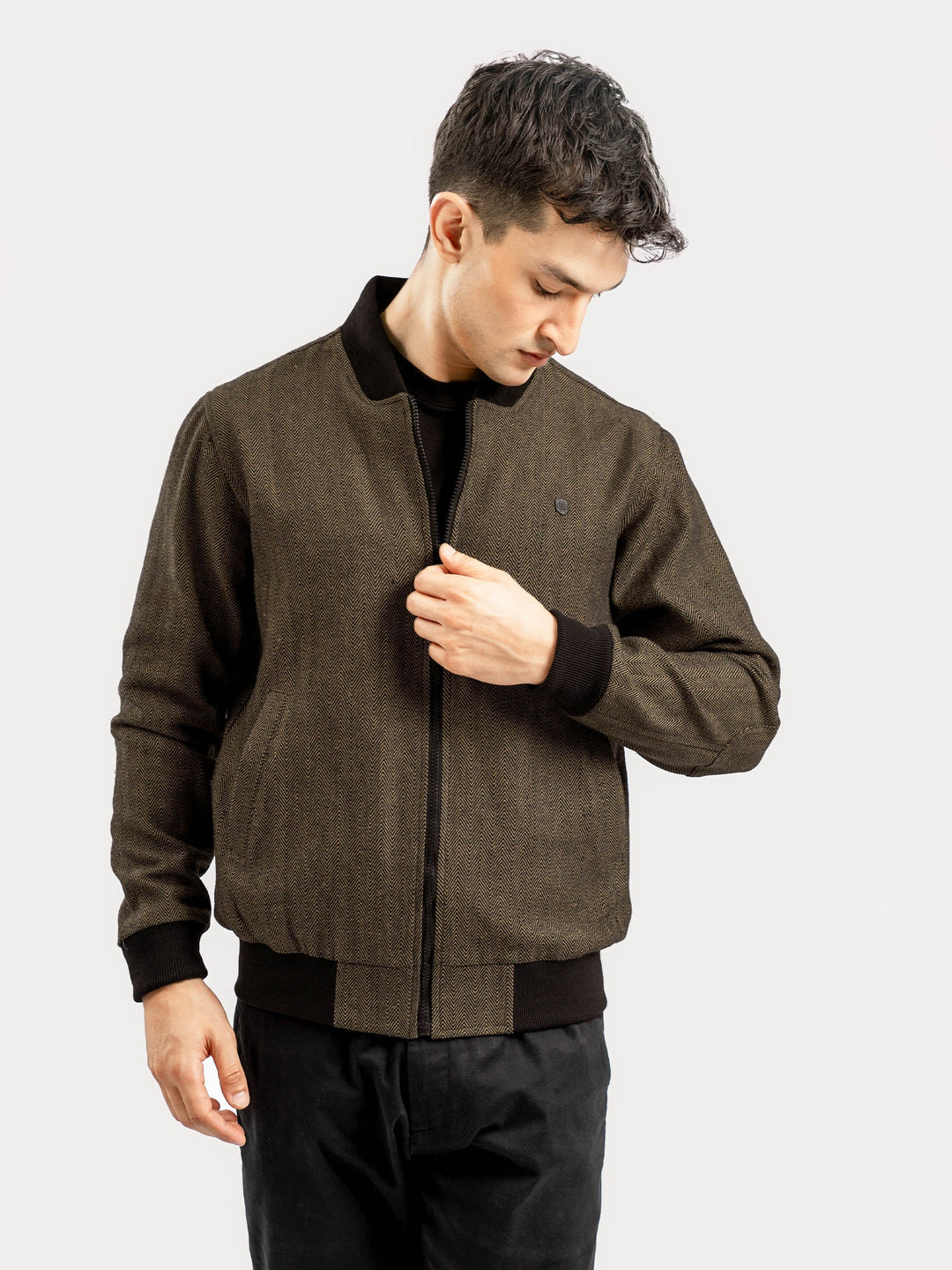 Camel Herringbone Structured Bomber Jacket