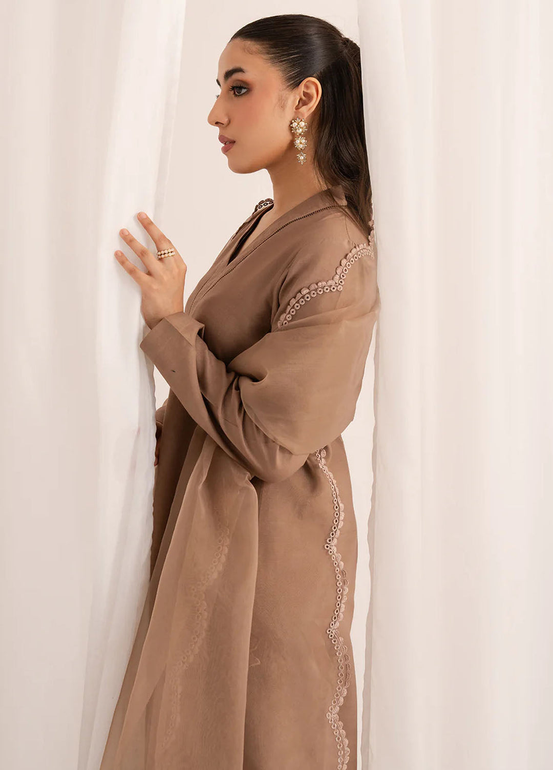 Izel Pret Embroidered Raw Silk 3 Piece Suit Caramel