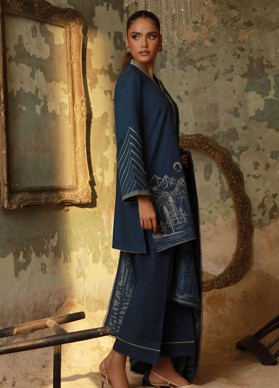 Sahar Embroidered Cross Hatch Suits Unstitched 3 Piece SHR25FU AW1-25-11 Caribbean Mist - Winter Collection