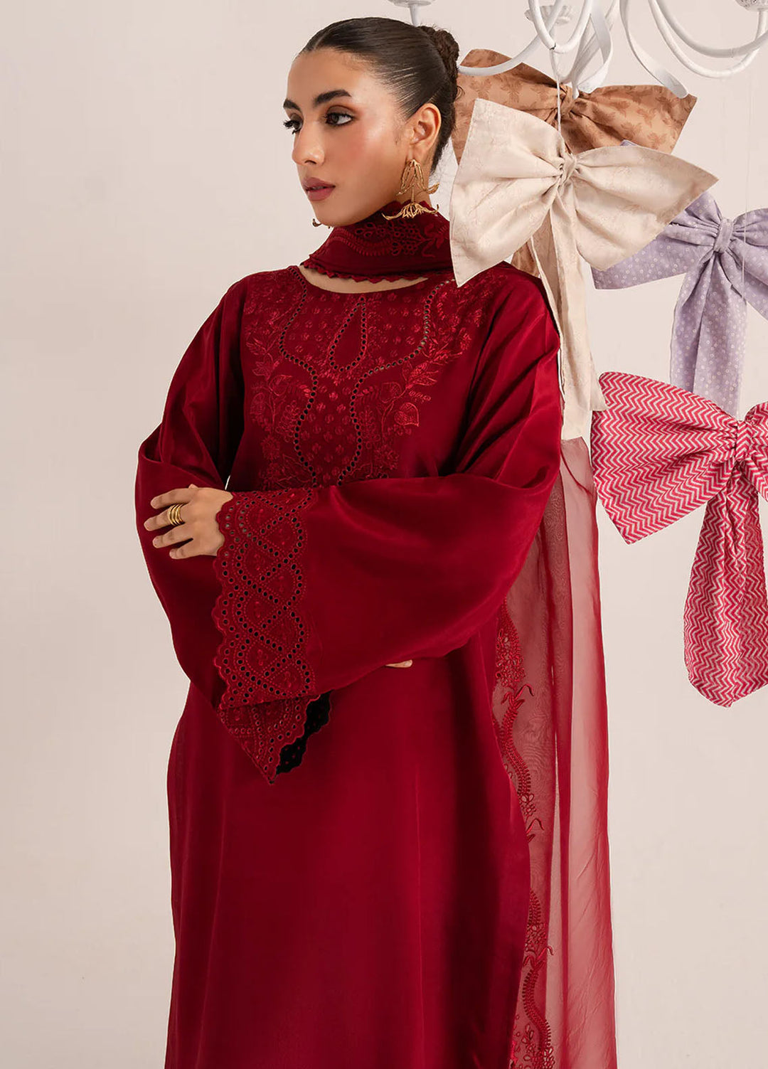 Izel Pret Embroidered Raw Silk 3 Piece Suit Cerise