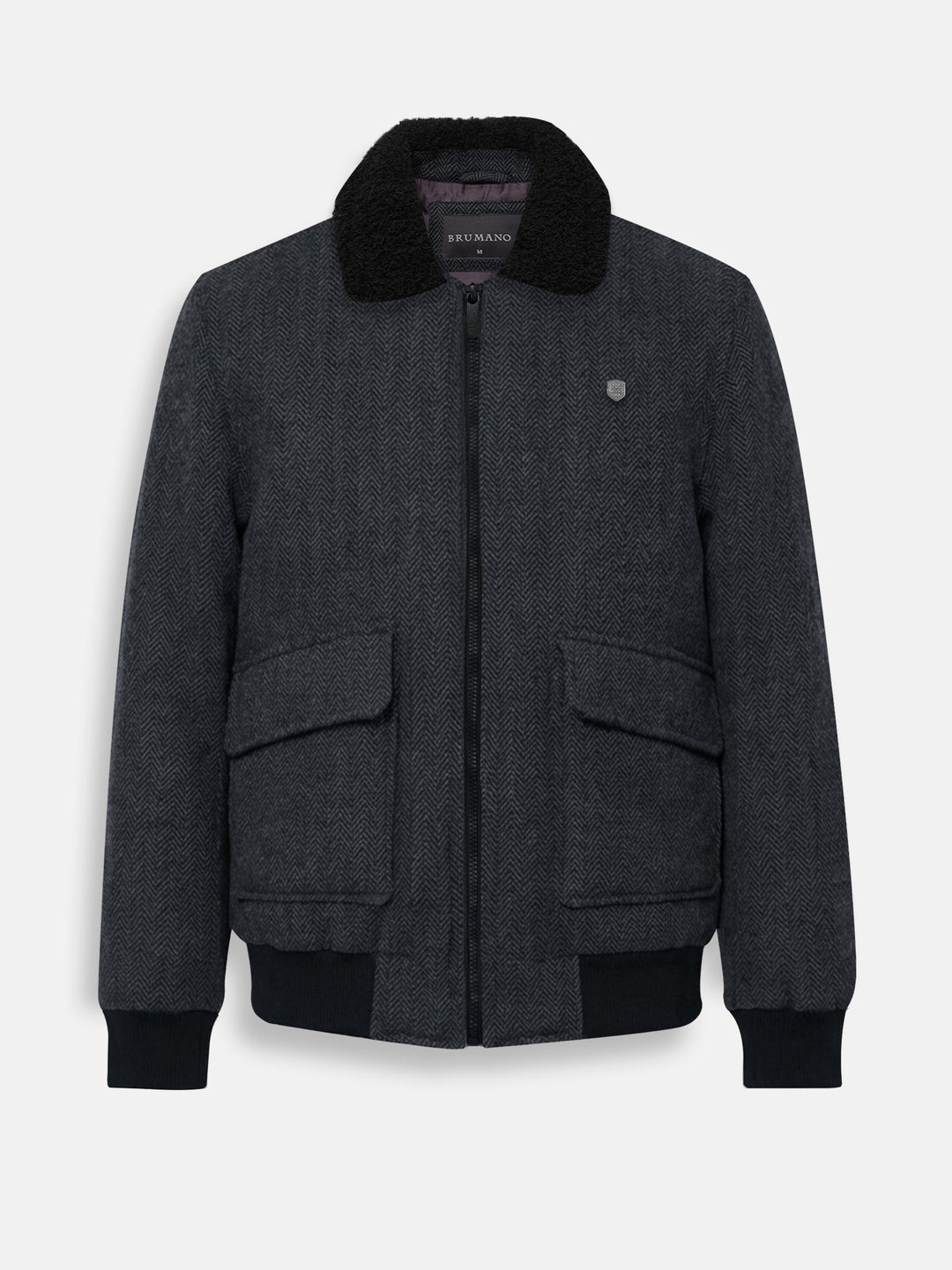 Brumano Mens RTW Solids Wool Jacket Charcoal Blended With Sherpa Collar Winter Collection
