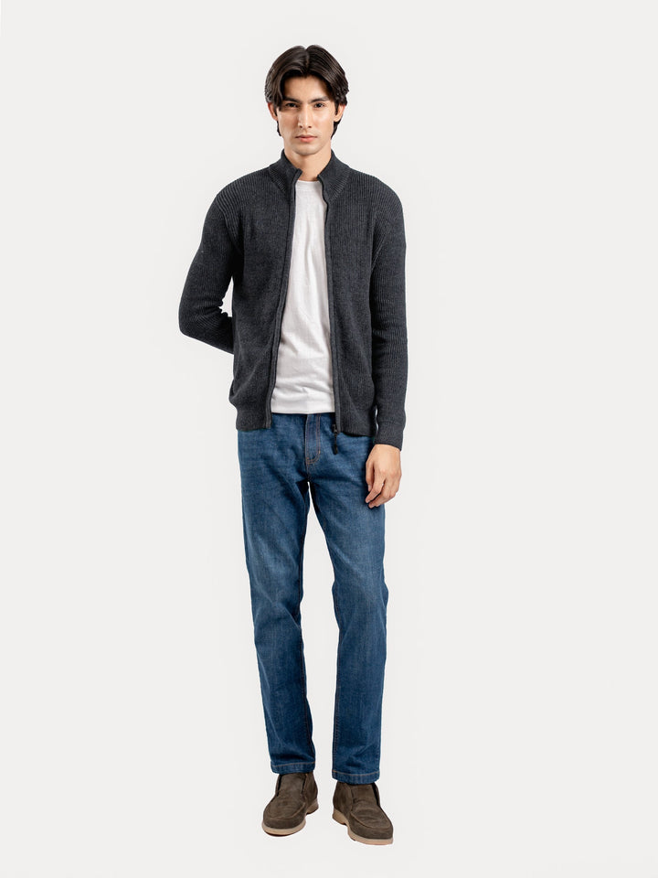 Brumano Ready To Wear Solids Cotton 1 Piece Men Charcoal Grey Knitted Chunky Zipper Jacket 0-25-025-4758 - Winter Collection