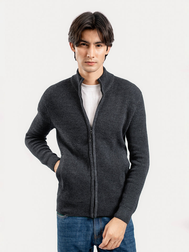 Brumano Ready To Wear Solids Cotton 1 Piece Men Charcoal Grey Knitted Chunky Zipper Jacket 0-25-025-4758 - Winter Collection