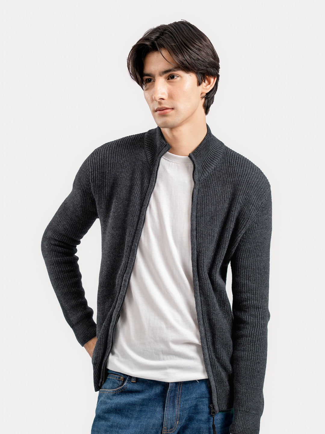 Brumano Ready To Wear Solids Cotton 1 Piece Men Charcoal Grey Knitted Chunky Zipper Jacket 0-25-025-4758 - Winter Collection