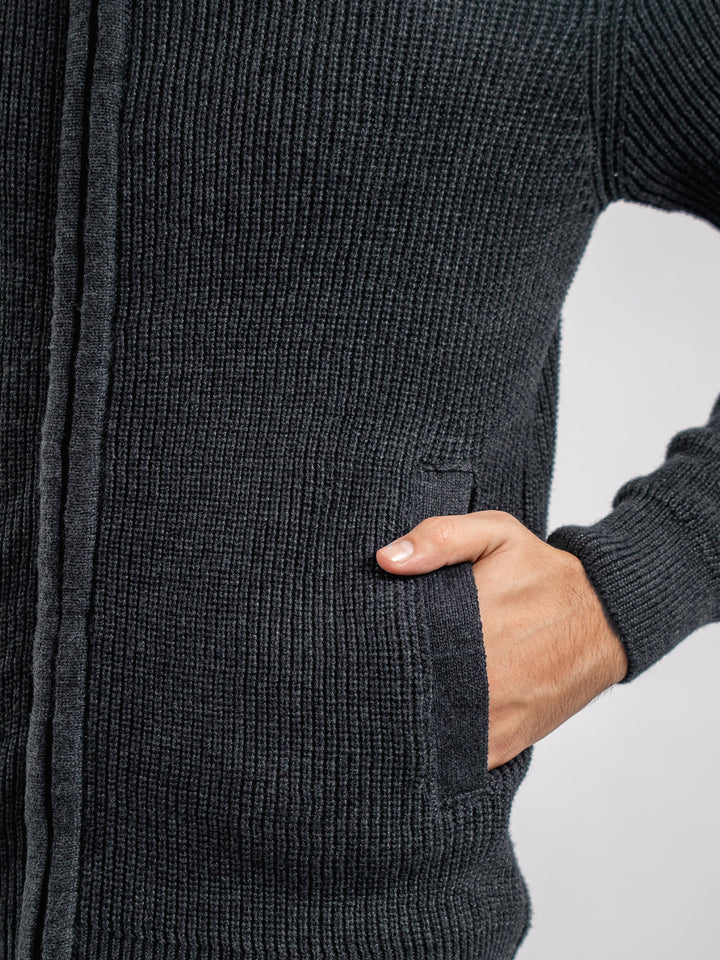 Brumano Ready To Wear Solids Cotton 1 Piece Men Charcoal Grey Knitted Chunky Zipper Jacket 0-25-025-4758 - Winter Collection